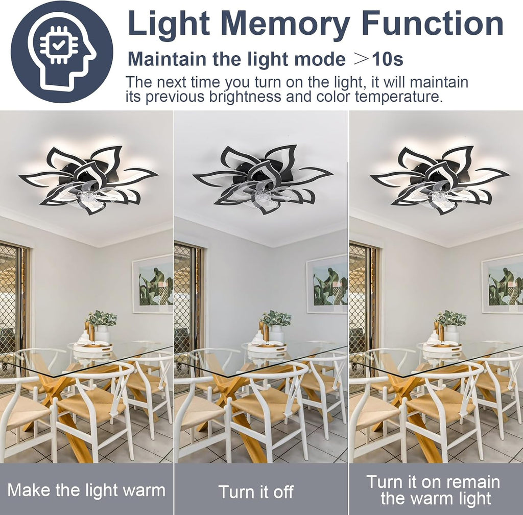 32' Black Flower Ceiling Fan with Lights Remote Control, Modern LED Low Profile Flush Mount Ceiling Fan with Light for Kitchen Bedroom Living Room