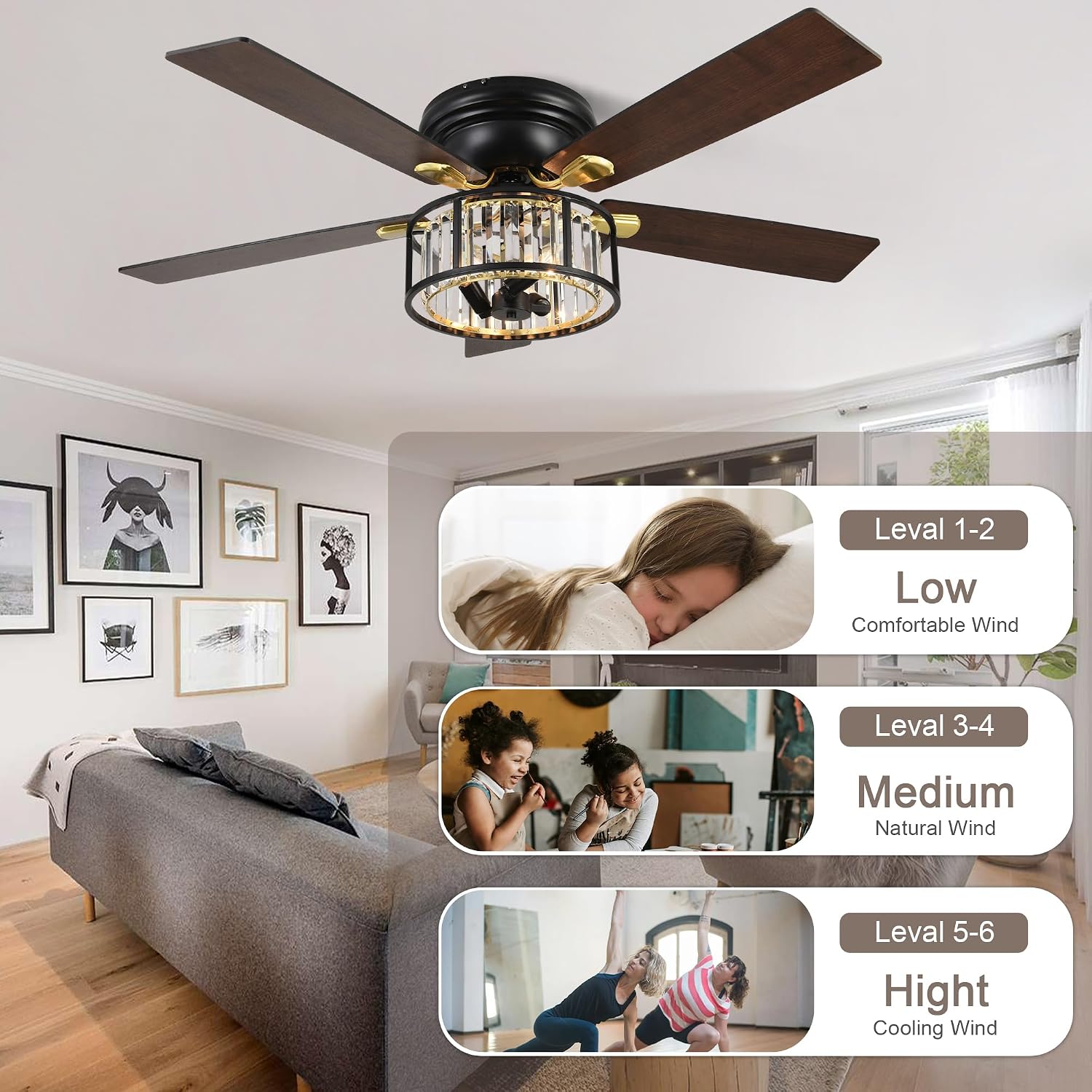 Bella Depot 52' Black Flush Mount Ceiling Fan, Caged Crystal Chandelier Fan with Light (No Bulbs Included), Quiet DC Motor for Dining Living Room Bedroom