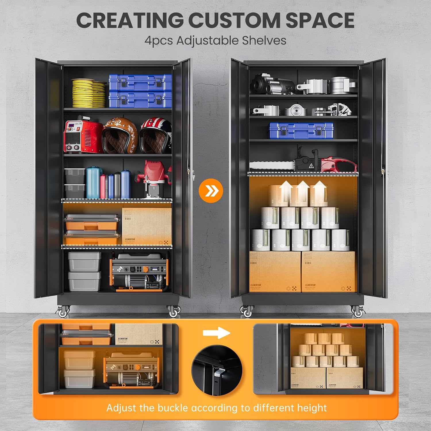 Metal Garage Storage Cabinets with Wheels, Rolling Tool Cabinet with Lock, Locking Garage Caninet on Wheels with Shelves, Steel 2 Door Tall Tool Cabnets for Workshop/Home/Office - (Black 75'H)