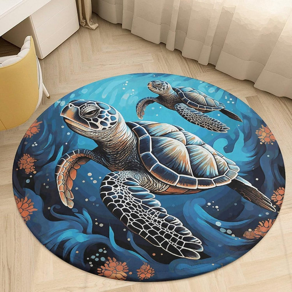 Sea Turtle Boho Style Coral Velvet Round Floor Mat Non-Slip Bath Rug Floor Covering for Bathroom Vanity Guest Suite & Vacation Home