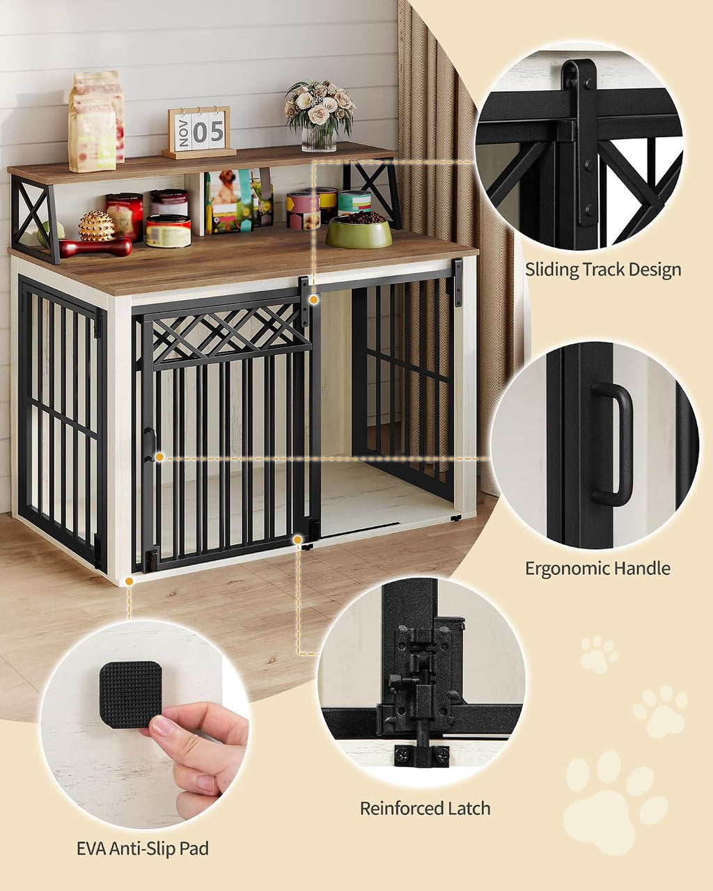 Hzuaneri 39.4'' Dog Crate Furniture, Large Wooden Dog Crate with Storage and 3 Doors, Indoor Kennel for Medium/Large Dogs, End Table with Barn Door, Chew-Proof and Escape-Proof, White Brown DFC87414B