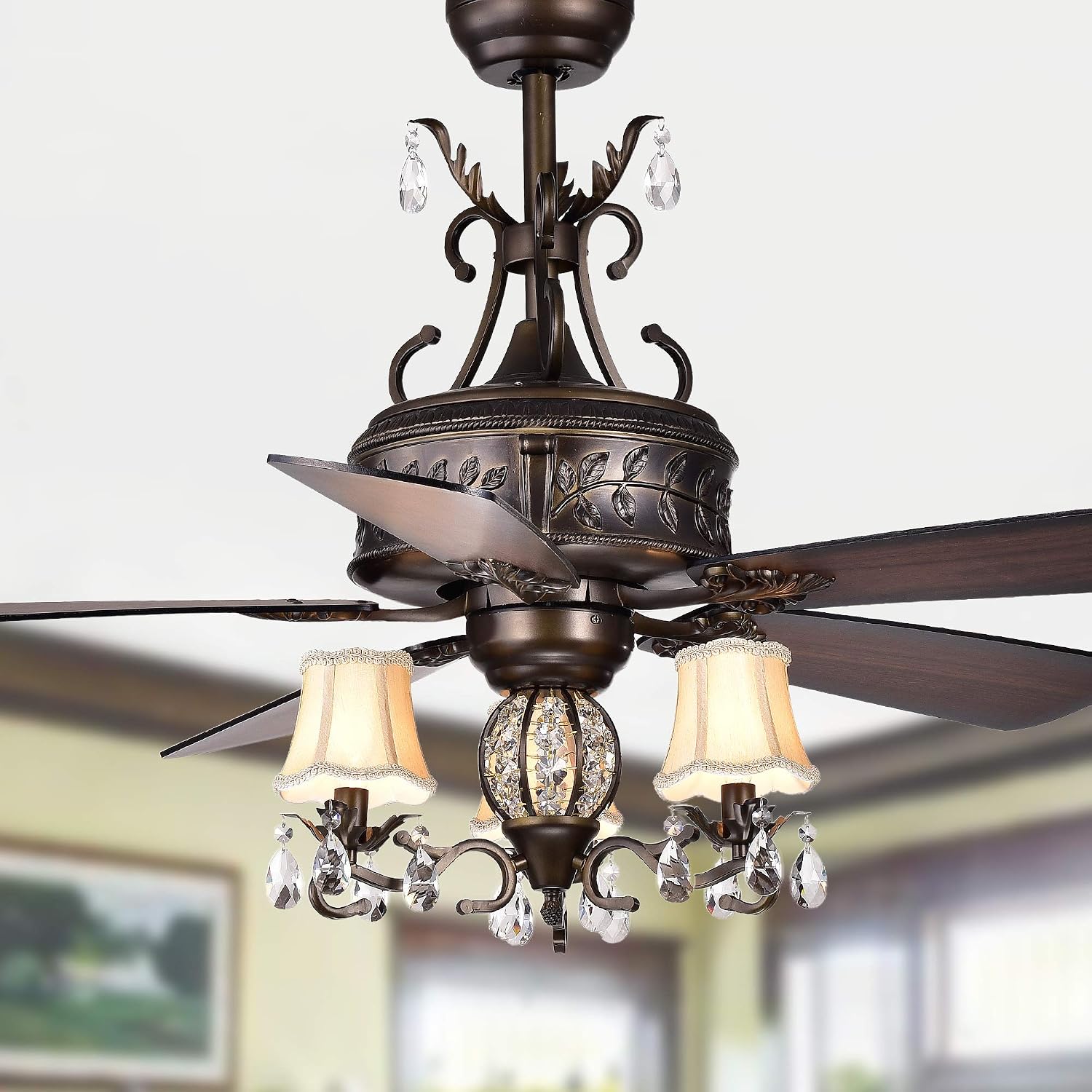 Firtha 52-Inch 5-Blade Antique Lighted Ceiling Fans with Branched French Chandelier (with Remote)