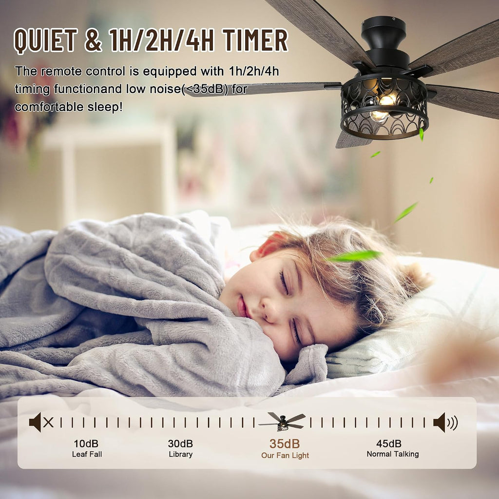 52'' Ceiling Fan with Lights, Flush Mount Farmhouse Ceiling Fan with Remote Control, 6 Speeds Reversible DC Motor, Low Profile Industrial Caged Ceiling Fan for Bedroom Living Room