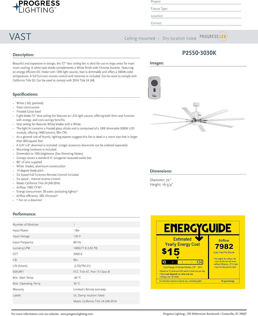 Progress Lighting P2550-3030K Vast Collection 72-in 18W LED Eight Blade Fan, White