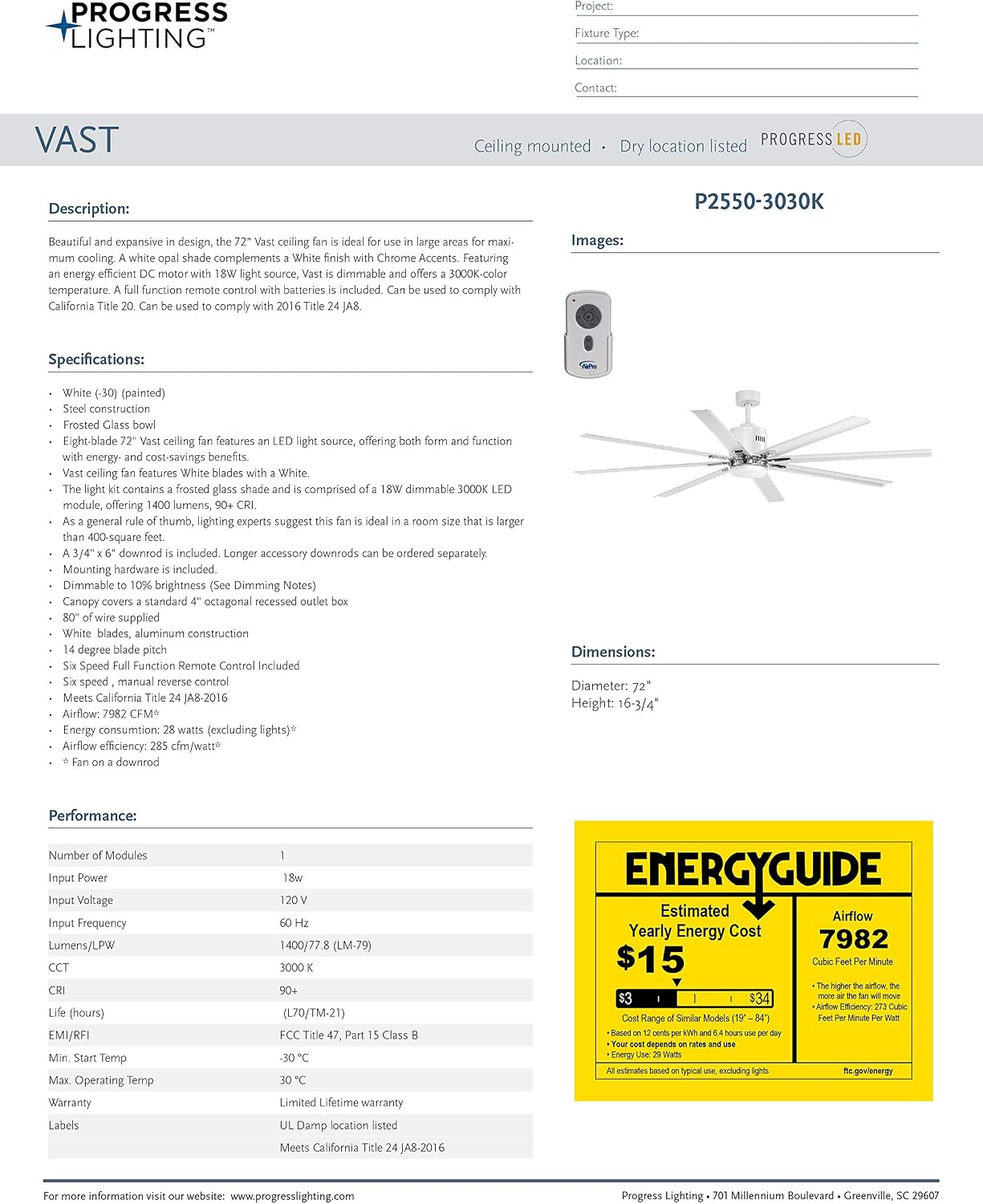 Progress Lighting P2550-3030K Vast Collection 72-in 18W LED Eight Blade Fan, White