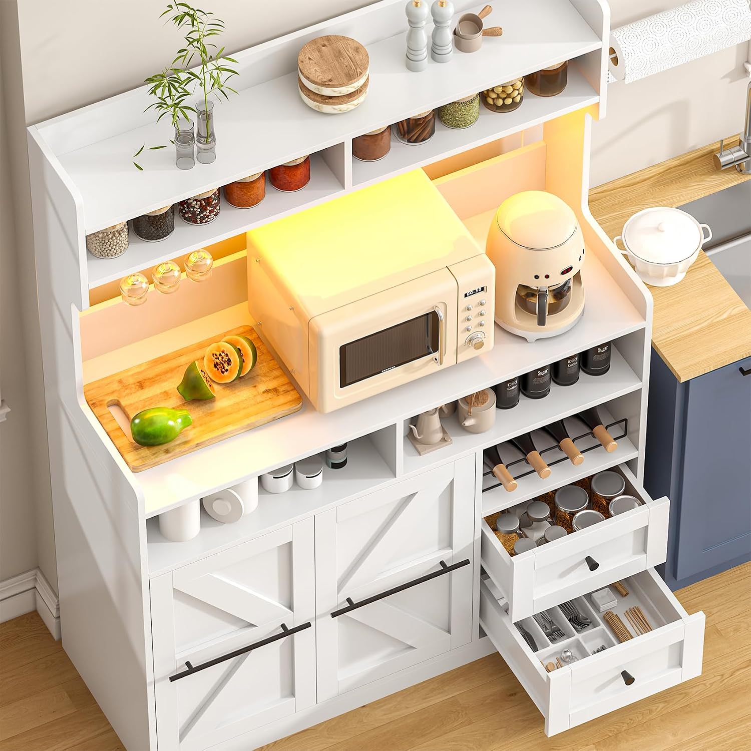 VVFLU Hutch Storage Buffet Cabinet with Drawers, and Charging Station, Coffee Bar Cabinet with Barn Doors, Wine Rack and Hooks, White Wood Sideboard Buffet for Kitchen, Dining Room, 54.5' High