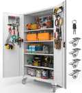 Upgraded Tall & Wide Metal Storage Cabinet with Doors & 4 Adjustable Shelves | Heavy-Duty Black Lockable Garage Cabinet with Wheels & Pegboard for Office, Gym, Basement, Warehouse (White)