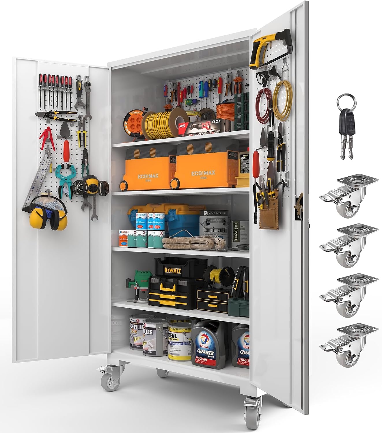 Upgraded Tall & Wide Metal Storage Cabinet with Doors & 4 Adjustable Shelves | Heavy-Duty Black Lockable Garage Cabinet with Wheels & Pegboard for Office, Gym, Basement, Warehouse (White)