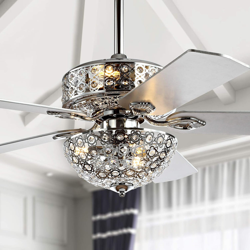 JONATHAN Y 52' Chrome 6-Light Iron and Wood Ceiling Fan, Modern Glam Filigree Dome, 5 Reversible Silver/White Blades, Remote Control, ETL Listed, LED Bulbs Included JYL9602A
