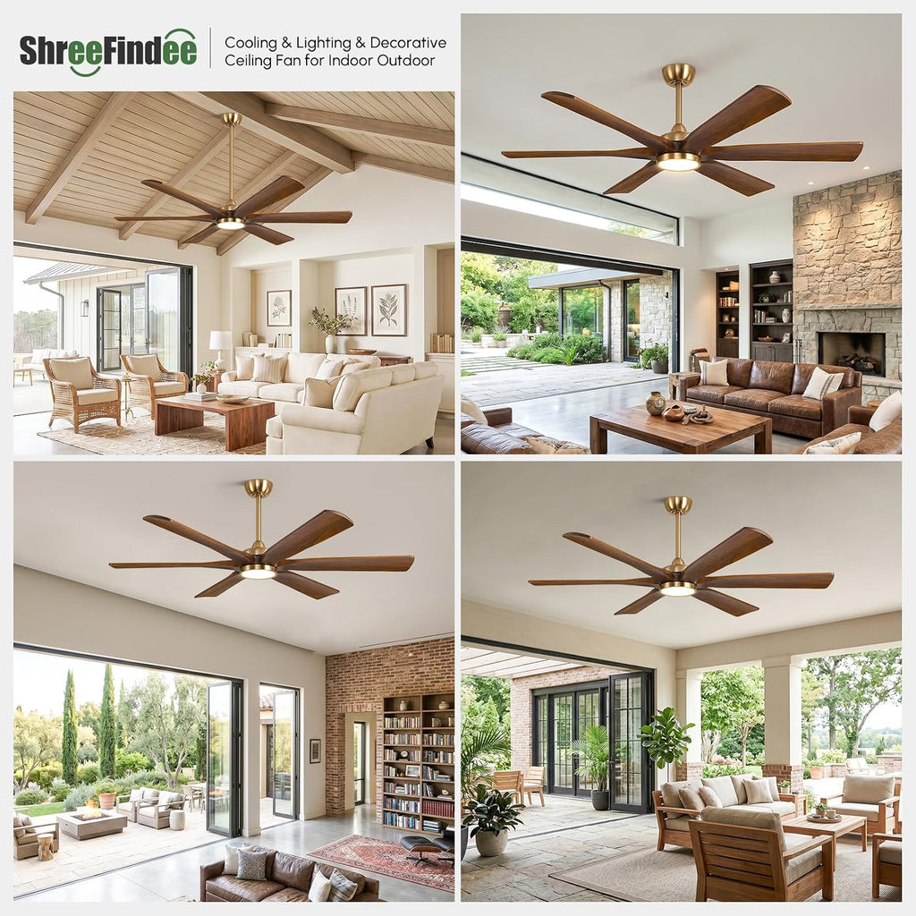 72 Inch Smart Outdoor Ceiling Fan with Lights, Brass Gold with 6 Solid Wood Walnut Blades, Modern Farmhouse, Alexa/App/Remote Control, 9268 CFM Quiet DC Motor, for Large Room Exterior Gazebo Patio