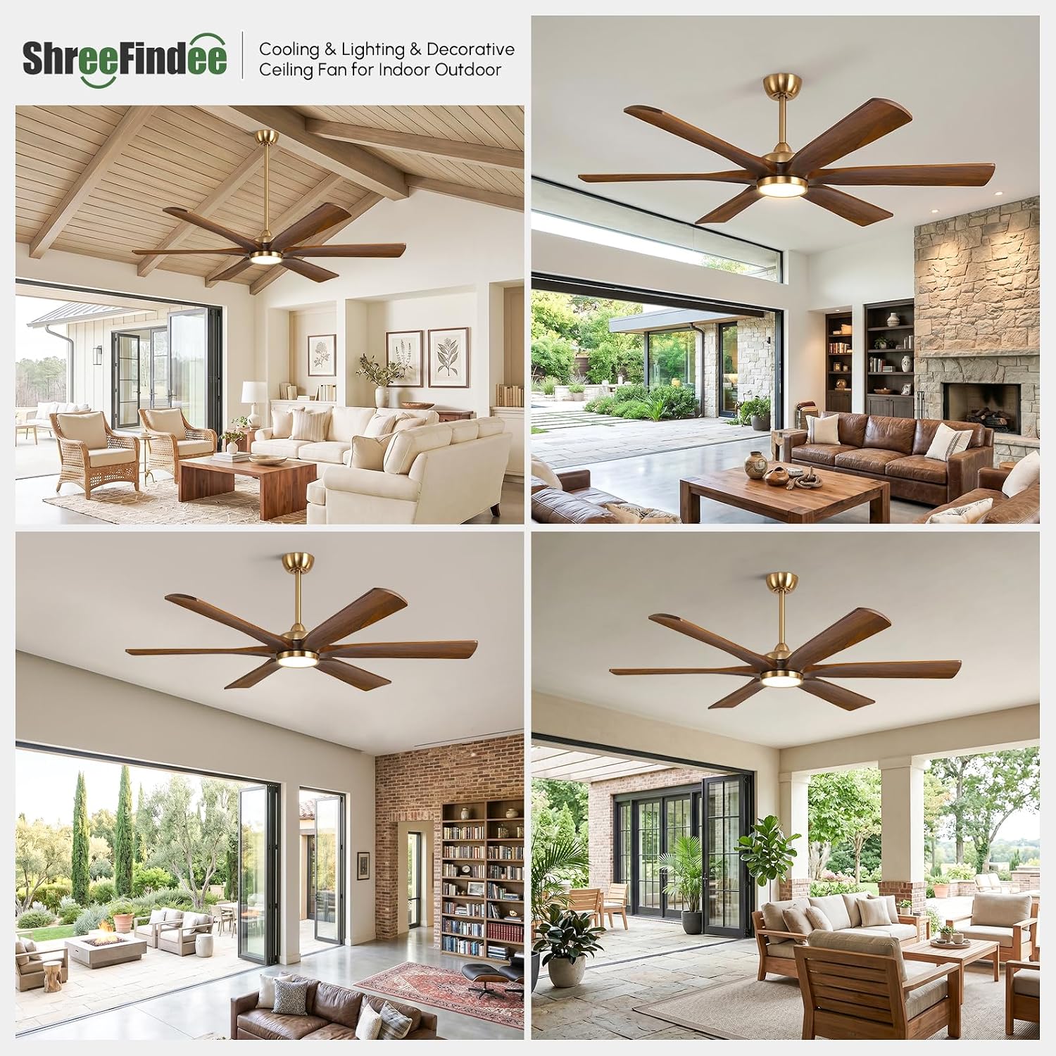 72 Inch Smart Outdoor Ceiling Fan with Lights, Brass Gold with 6 Solid Wood Walnut Blades, Modern Farmhouse, Alexa/App/Remote Control, 9268 CFM Quiet DC Motor, for Large Room Exterior Gazebo Patio