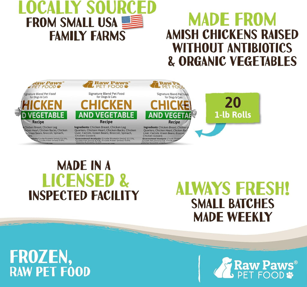 Raw Paws Signature Blend Pet Food for Dogs & Cats - Chicken & Vegetable Recipe, 1-lb Rolls (20 Pack) - Freshly Made in USA - Raw Diet Cat Food - Raw Frozen Dog Food - Fresh Dog Food Log