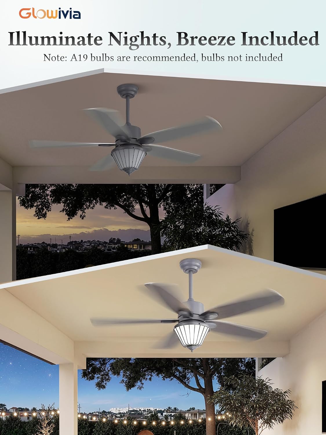 52 Inch Waterproof Outdoor Ceiling Fan with Lights, IP65 Waterproof, Remote Control, 6-Speed Quiet DC Motor, 5 Dual Finish Blades, Farmhouse Ceiling Fan for Patios Porch Pavilion (Gray)