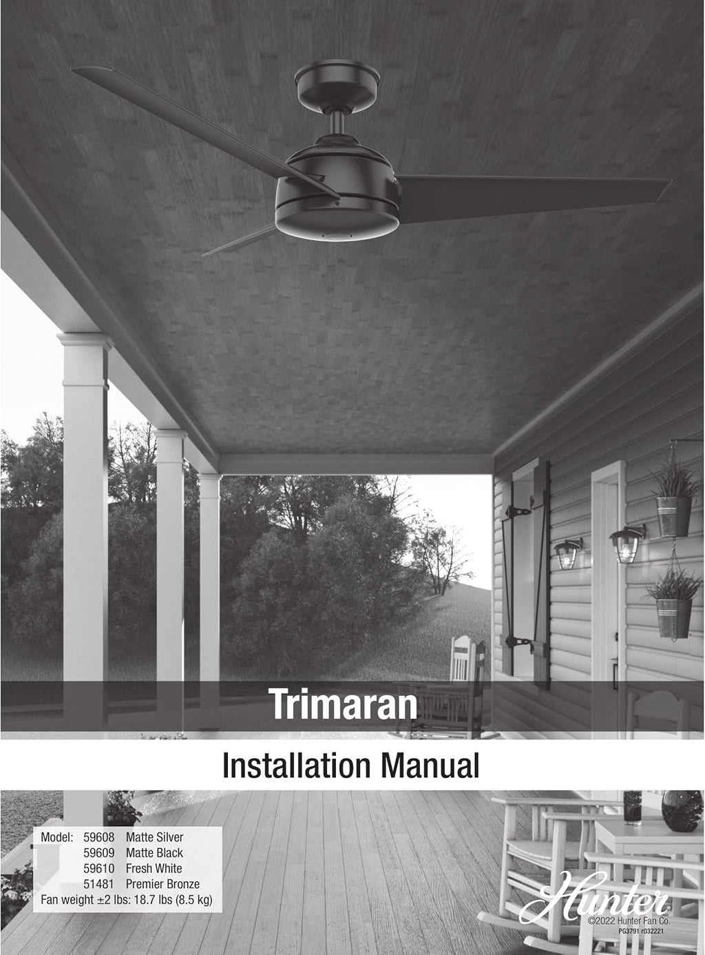 Hunter 52 inch Outdoor or Indoor Ceiling Fan No Light - Ceiling Fan without Light, For Patio, Porch, Garage, or Living Room, Standard Mount, 3 Blades, Wall Control - Trimaran 59608, Matte Silver