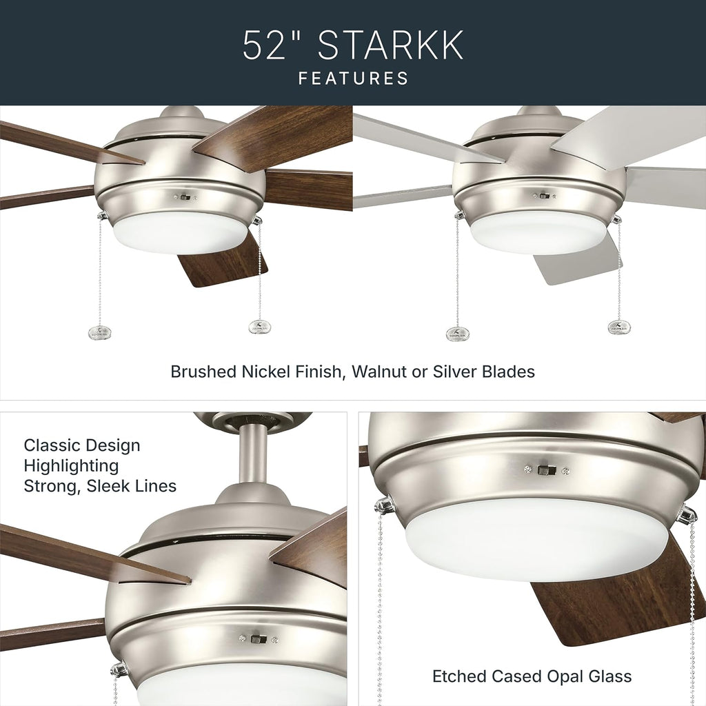 Kichler Starkk 52' Ceiling Fan with LED Lights in Brushed Nickel, 5-Blade Traditional Fan with reversible Silver/Walnut blades, 3000K, (52' W x 13.75' H), 330174NI