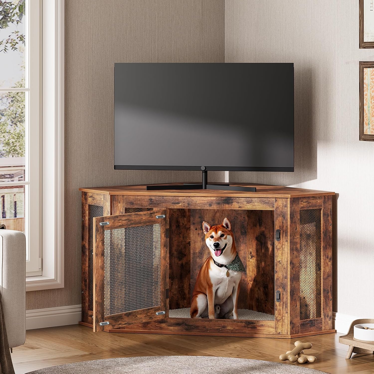 MAHANCRIS Corner Dog Crate Furniture, Wooden Dog Kennel End Table, Decorative Pet Crate Indoor Use, Furniture Style Dog House for Small Medium Dog, Dog Cage TV Stand, Rustic Brown DCRB0801