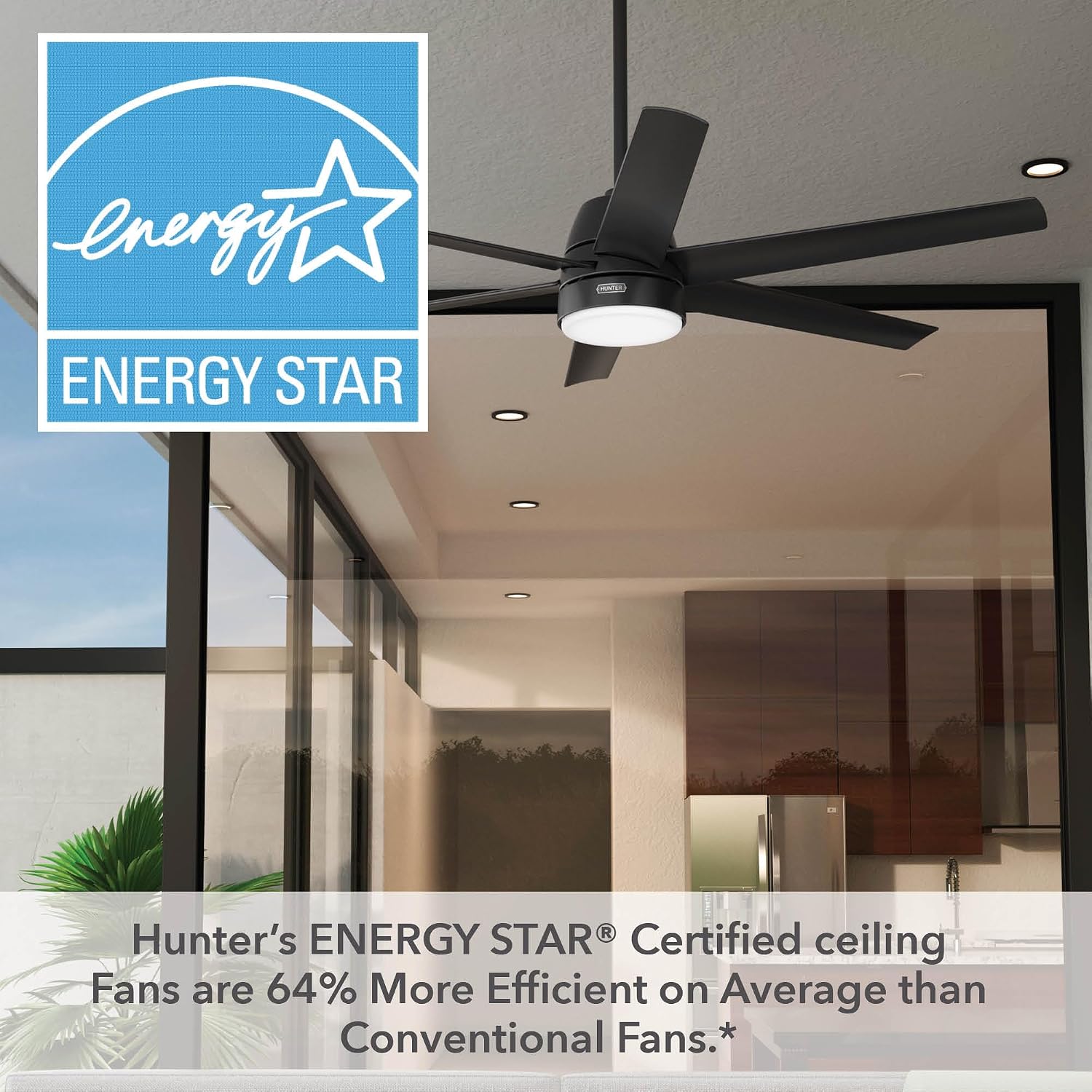 Hunter 60 inch Outdoor or Indoor Ceiling Fan with LED Light - Black Ceiling Fan with Wall Control, For Patio, Garage, or Porch, Quiet, Standard Mount, 6 Blades - Skysail 51875, Matte Black