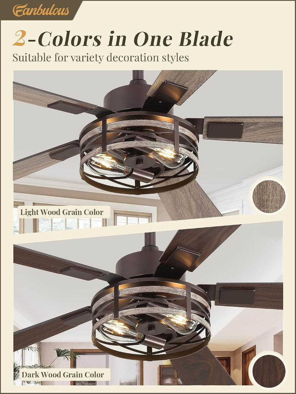 Fanbulous Farmhouse Ceiling Fans with Light, 48 Inch Bedroom Ceiling Fan with Lights, 6-Speed Adjustable, Quiet and Reversible DC Motor, 5 Dual Finish Blades, Rustic Caged Ceiling Fan，Oil Bronze