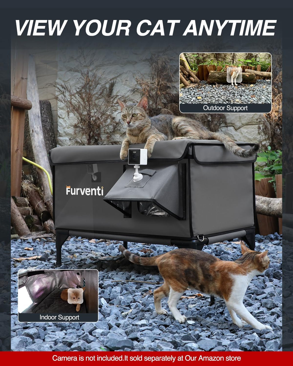 Heated Cat House for Outside,Dual Camera Mounts,100% Weatherproof & Extremely Insulated,Elevated Feral Cat Shelter with Escape Door,Waterproof Eaves for Outdoor Stray Barn Cat(Dark Grey,L)