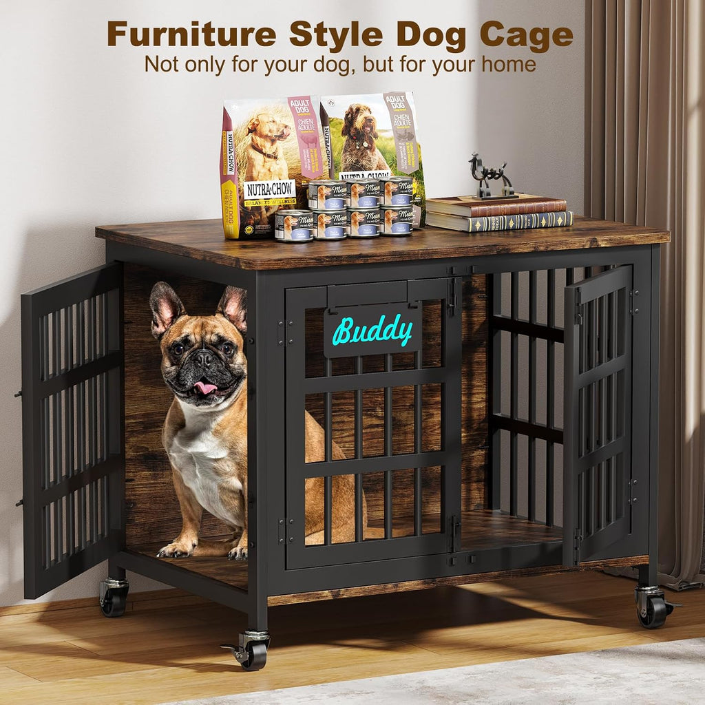 EasyCom 33'/27' Dog Crate Furniture with Name Tag, Heavy Duty Dog Kennel Indoor for Medium and Small Dogs, Double-Doors Sturdy Metal Dog Cage, Decorate House as TV Stand, End Table, Bedside Table