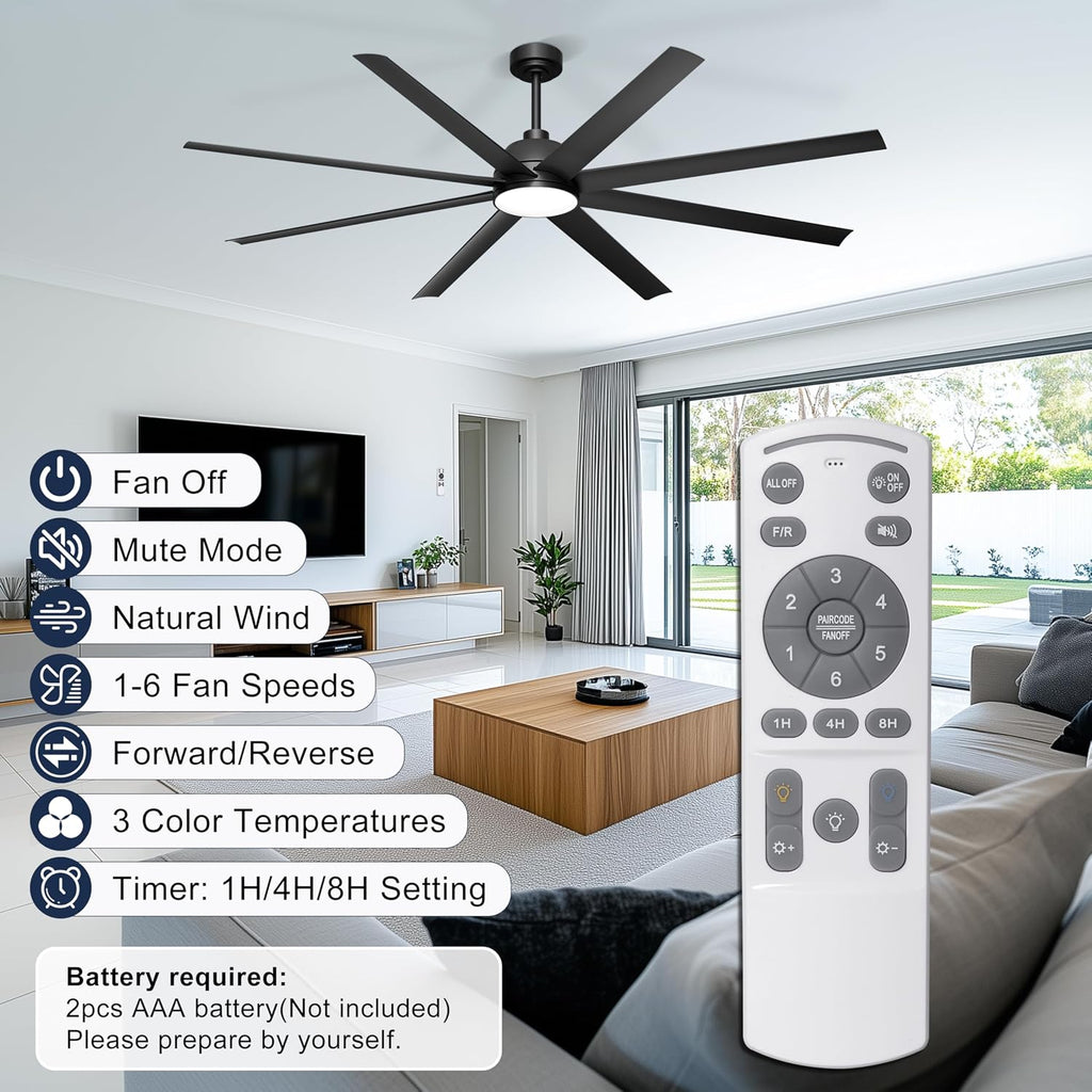 72'' Ceiling Fan with Light - Remote & APP Control, 3 CTT Dimmable, 6 Speed Reversible DC Motor Fan for Shop, Garage, Covered Outdoor, Black