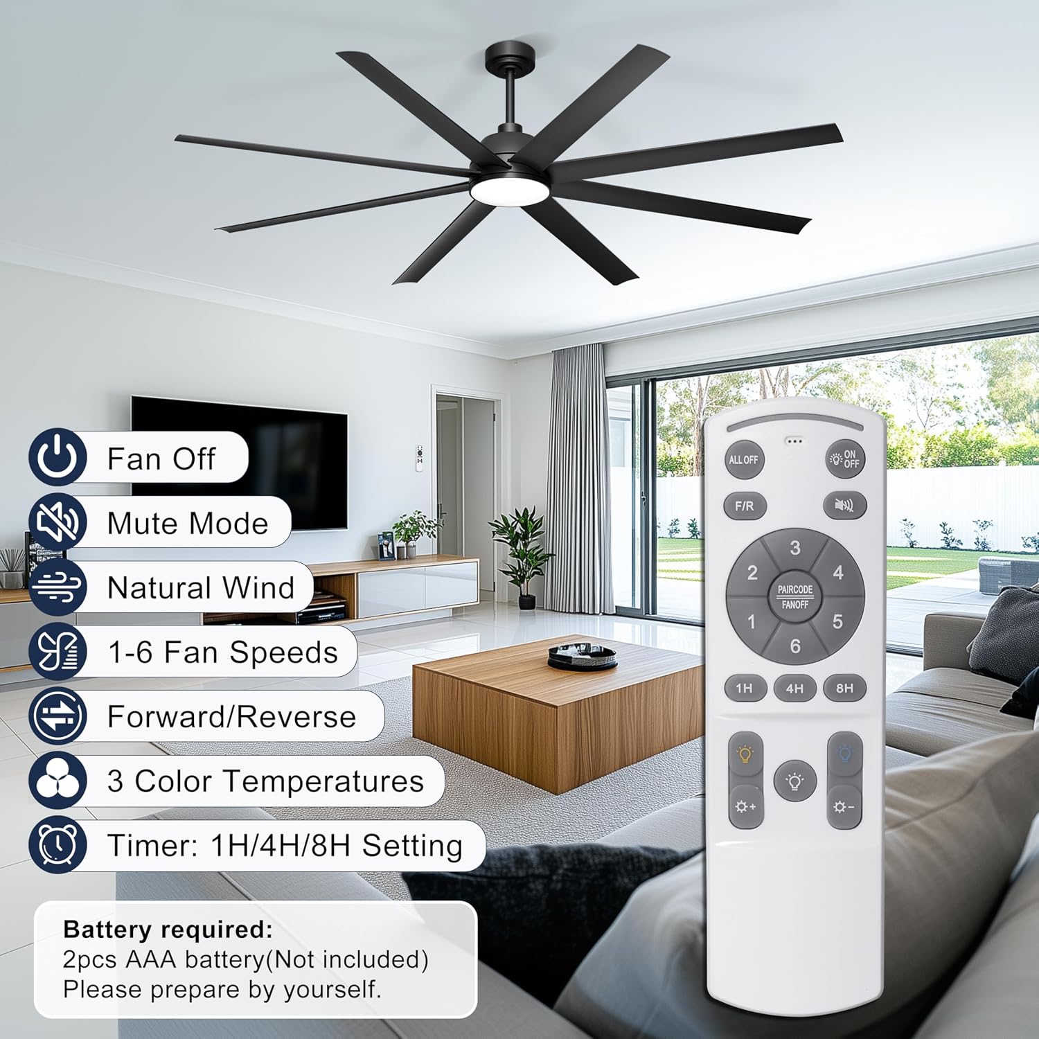 72'' Ceiling Fan with Light - Remote & APP Control, 3 CTT Dimmable, 6 Speed Reversible DC Motor Fan for Shop, Garage, Covered Outdoor, Black