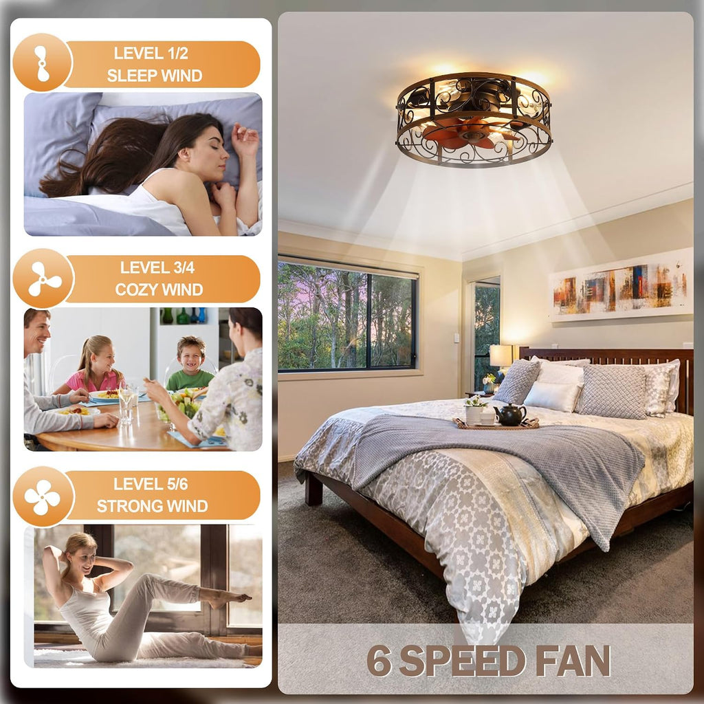 18'' Caged Ceiling Fan with Lights and Remote Flush Mount Farmhouse Ceiling Fan Low Profile Bladeless Fandelier Small Vintage Rustic Chandelier Reversible Motor 6 Speeds for Bedroom Kitchen