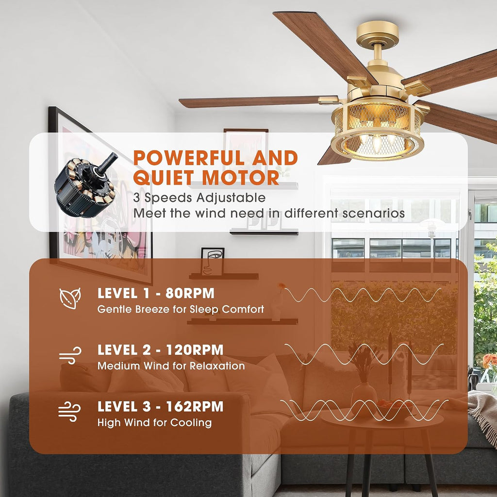 Parrot Uncle Gold Ceiling Fans with Lights and Remote, 52 Inch Farmhouse Ceiling Fan with Light for Bedroom, Modern Outdoor Ceiling Fans for Patios, Reversible Airflow, 3 Speeds, Timer