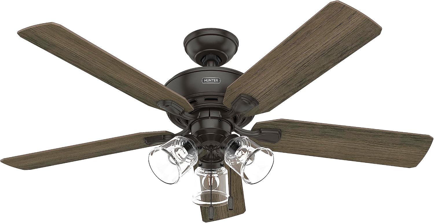 Hunter 52 inch Indoor Ceiling Fan with LED Lights and Pull Chain - Standard Mount Bronze Ceiling Fan, 5 Blades, For Bedroom, Living Room, or Kitchen, 3 inch Downrod - Rosner 52345, Noble Bronze