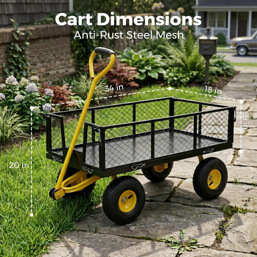 SUNNYFEEL 900 LBS Heavy Duty Steel Garden Cart, Utility Garden Wagon Cart with 10' Flat-Free Wheels and Removable Sides, All Season Yard Cart with 180° Adjustable Handle