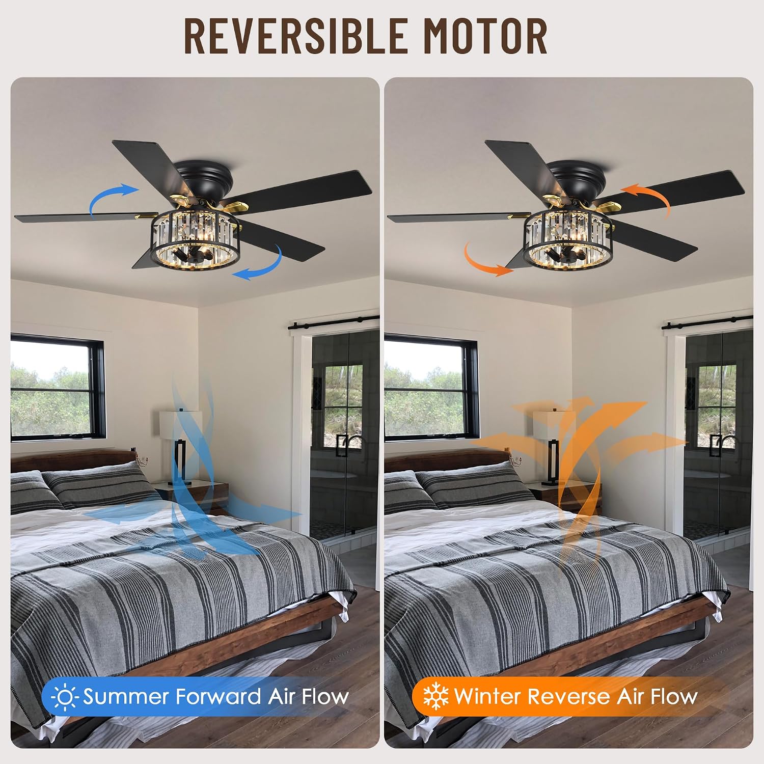 52' Crystal Farmhouse Ceiling Fan with Lights and Remote,Flush Mount Ceiling Fan,Chandelier with 5 Reversible Blades,3 E12 Base Lights,Quiet Motor for Living Room,Dining Room,Bedroom