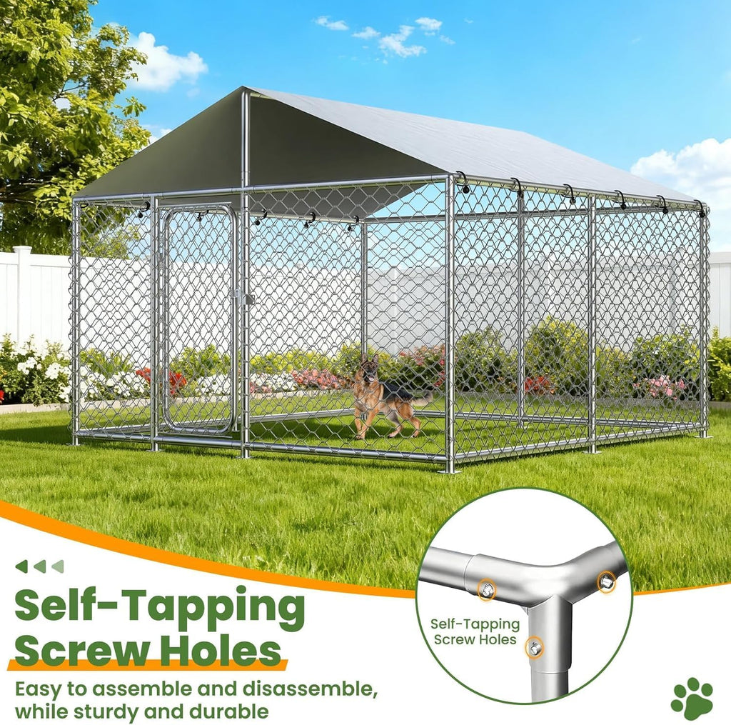 7.8x7.8 FT Heavy Duty Metal Dog Kennel with Waterproof Roof, Outdoor Dog Enclosure with Secure Lock & UV-Resistant Cover for Large Dogs (93x93x63 in)