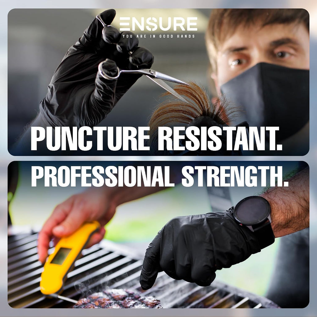 Ensure Black Nitrile Gloves – 5 Mil Heavy-Duty Disposable Gloves, Low Dermatitis, Powder & Latex Free, Chemo-Rated