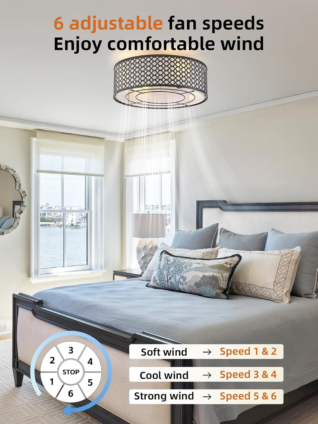 20' Black Ceiling Fan with Light Flush Mount, Caged Boho Ceiling Fans with Lights Remote Control, Round with 6 Speeds for Bedroom, Nursery, Living Room