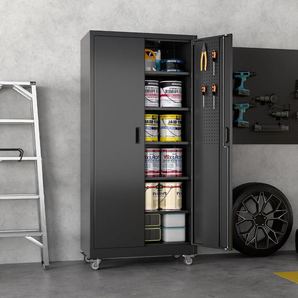 Reemoon Metal Storage Cabinet with Wheels and Pegboard, 71' Tall Garage Storage Cabinet with 5 Adjustable Shelves and Locking Doors, Heavy Duty Steel Utility Cabinet for Office