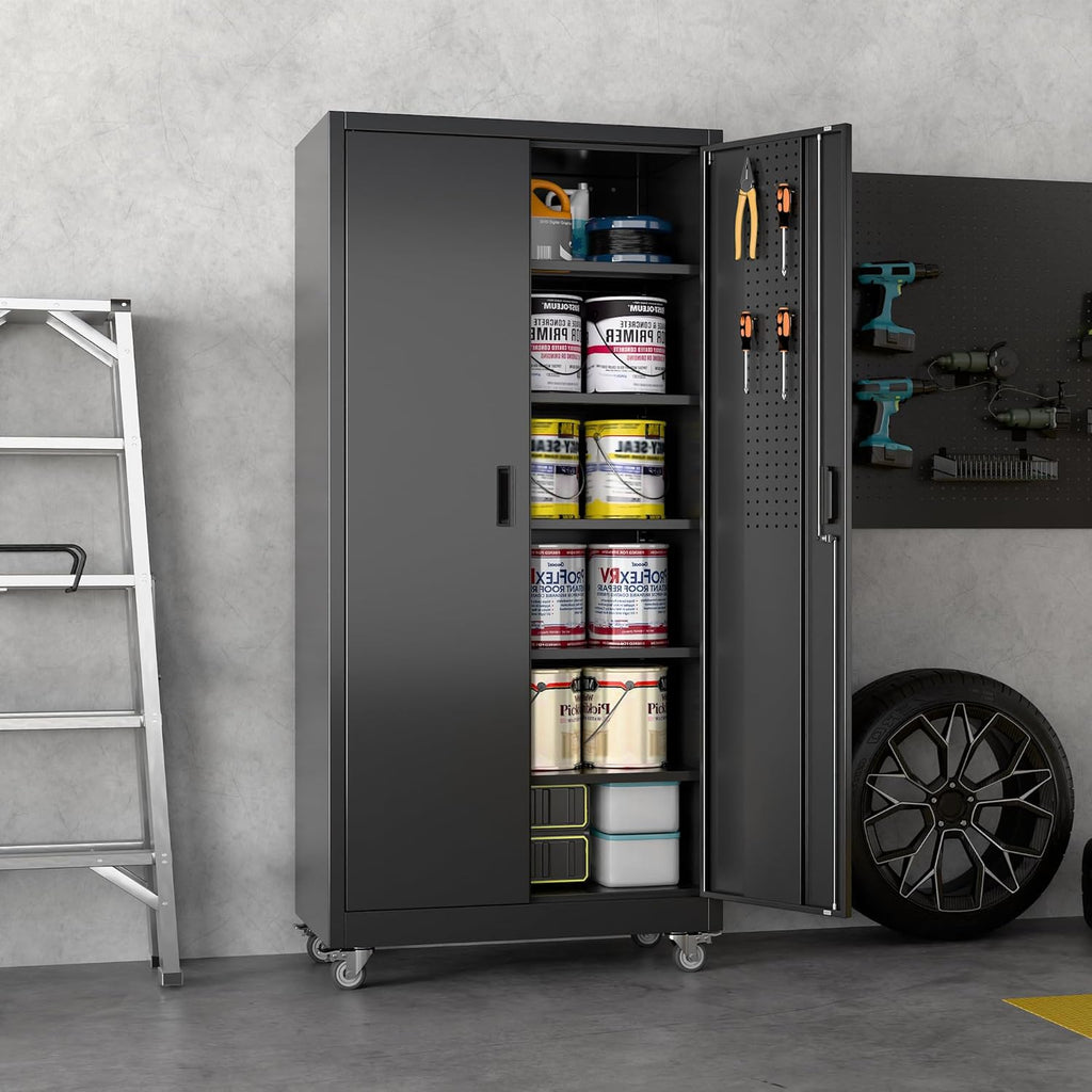 Reemoon Metal Garage Storage Cabinet with Wheels and Lockable Doors, Steel Storage Cabinet with 5 Adjustable Shelves and Pegboard for Garage Home Utility Room,Required Assembly,Black,71'H×34'W×18'D
