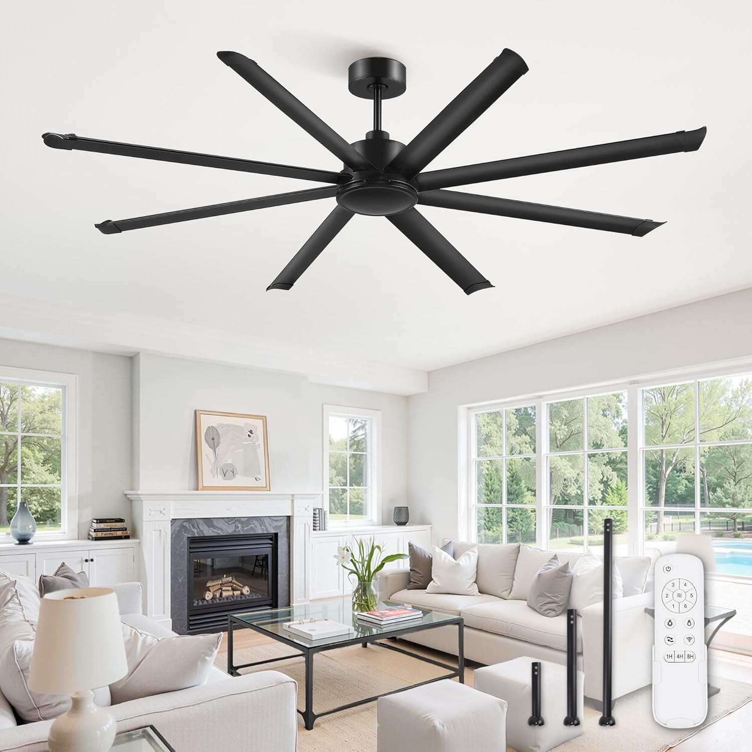 ZMISHIBO 84 Inch Large Ceiling Fan No Light, 8 Aluminum Blades, 6-Speed Remote Control, Industrial Ceiling Fan without Light, Quiet DC Motor, Indoor/Outdoor Ceiling Fans for Patio, Garage, Shop, Black