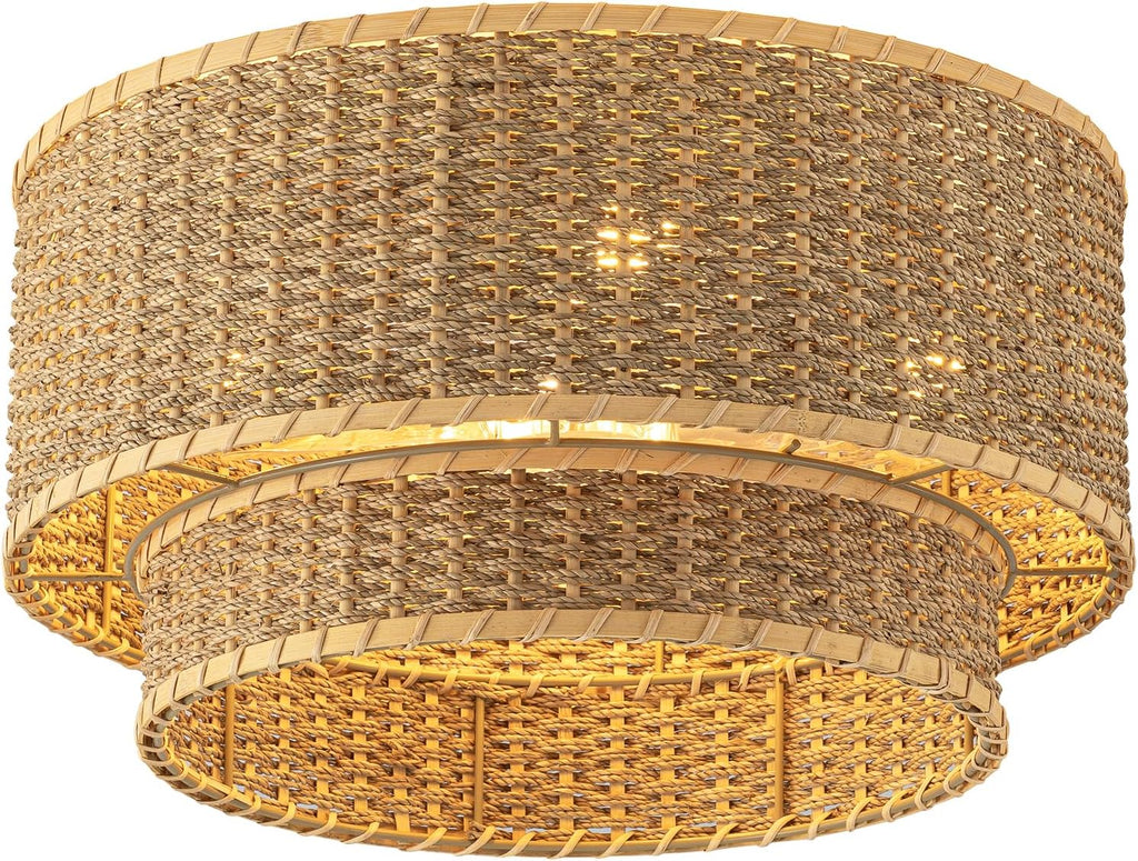 Boho Rattan Ceiling Fan with Light, Flush Mount Woven Fandelier with Remote,2-Tier Layered Caged Ceiling Fan Light Fixture, 6-Speed Reversible Low Profile Fan for Bedroom Kitchen Dining Room