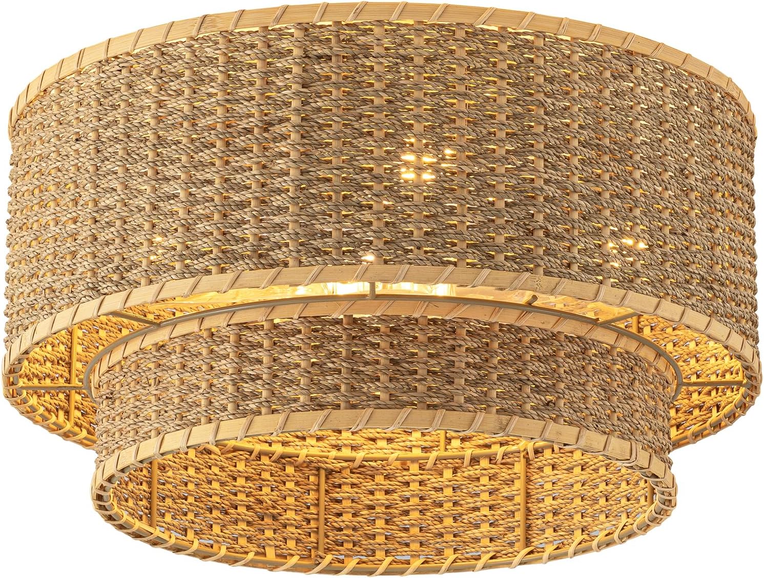Boho Rattan Ceiling Fan with Light, Flush Mount Woven Fandelier with Remote,2-Tier Layered Caged Ceiling Fan Light Fixture, 6-Speed Reversible Low Profile Fan for Bedroom Kitchen Dining Room