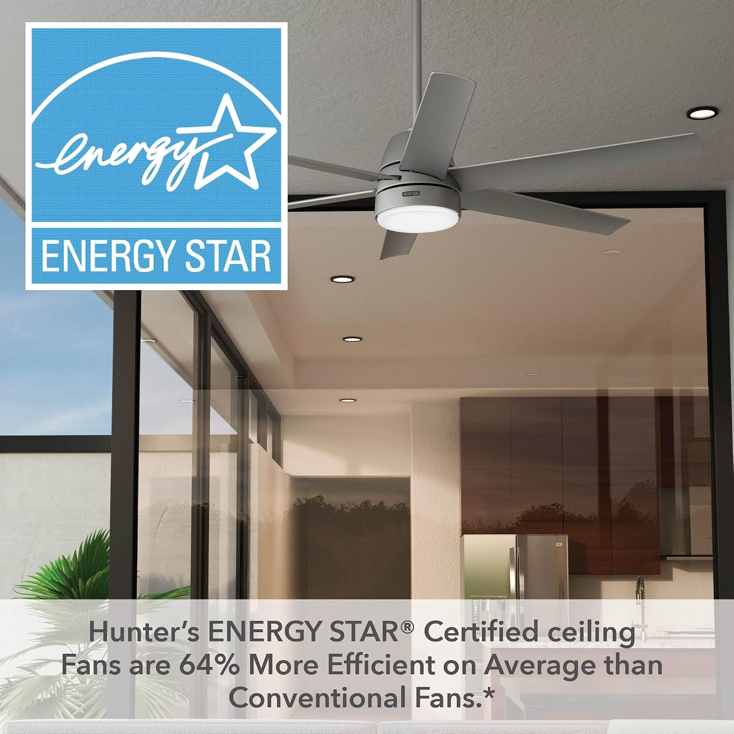 Hunter 60 inch Outdoor or Indoor Ceiling Fan with LED Light - Ceiling Fan with Wall Control, For Patio, Garage, or Porch, Quiet, Standard Mount, 6 Blades - Skysail 51876, Matte Silver