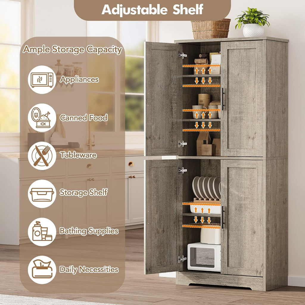 IDEALHOUSE Pantry Cabinet,70' Tall Kitchen Pantry Cabinet with 4 Doors and 3 Adjustable Shelves, Freestanding Cupboard, Modern Storage Cabinet for Bathroom, Dining Room, Living Room, Gray