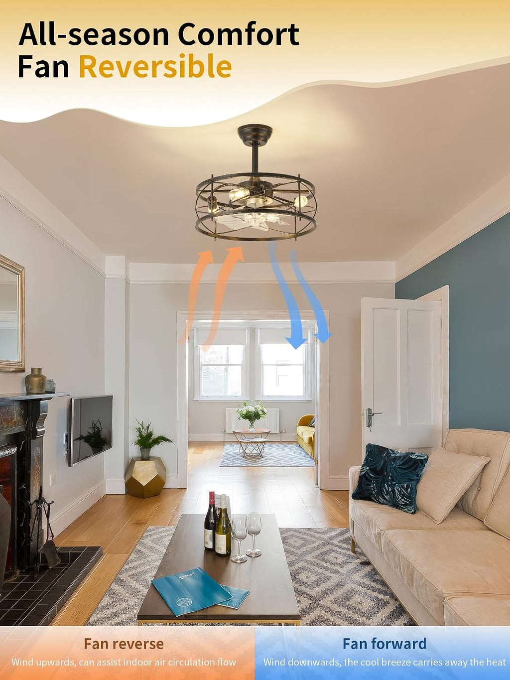 20' Farmhouse Fandelier Ceiling Fan with Light, Caged Bladeless Ceiling Fans with Lights and Remote, Rustic Small Enclosed with 6 Speeds for Bedroom, Kitchen, Living Room, Black