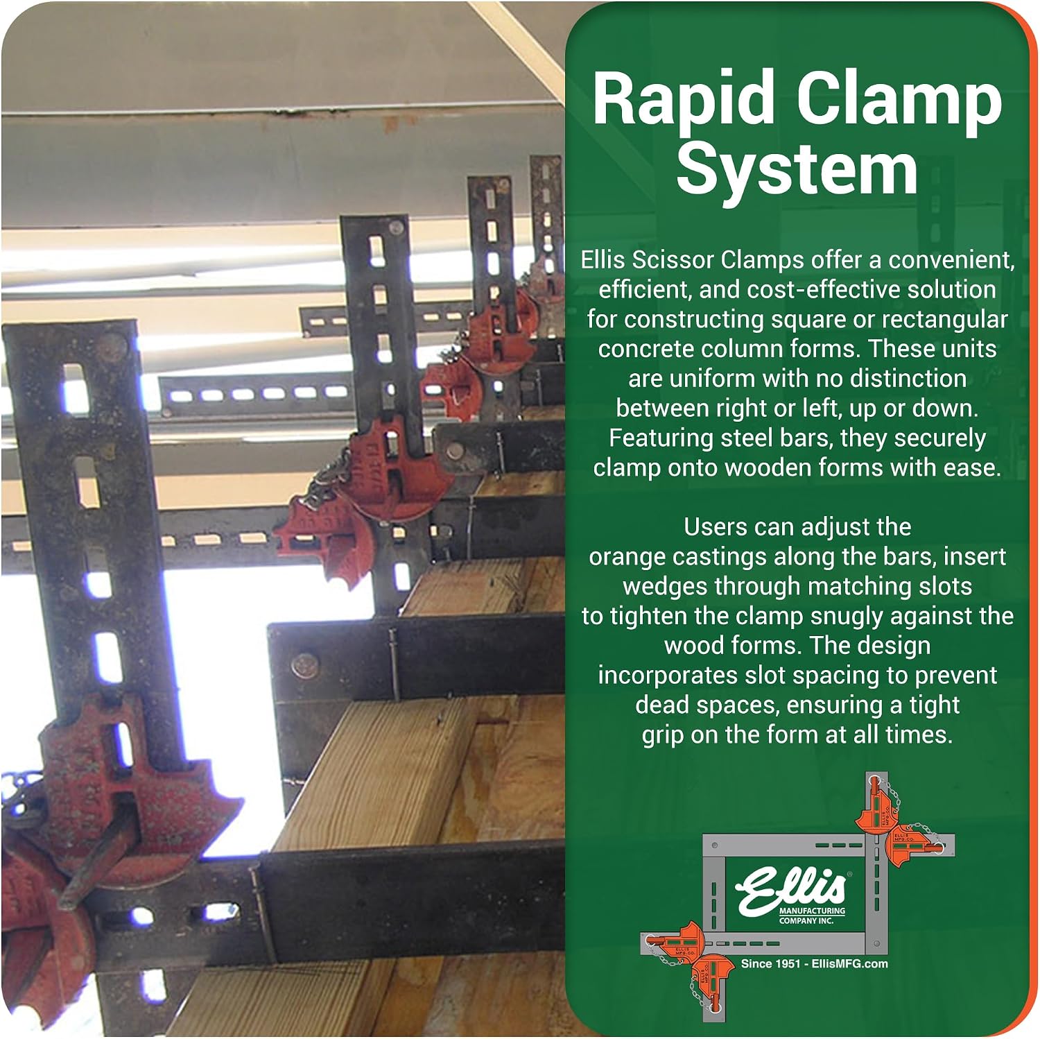 Ellis Manufacturing Company Scissor Column Forming Clamps - Clamp Set for Carpentry & Construction - Net Concrete 22' - 46' - Bar Size 3/8' x 3' x 60'
