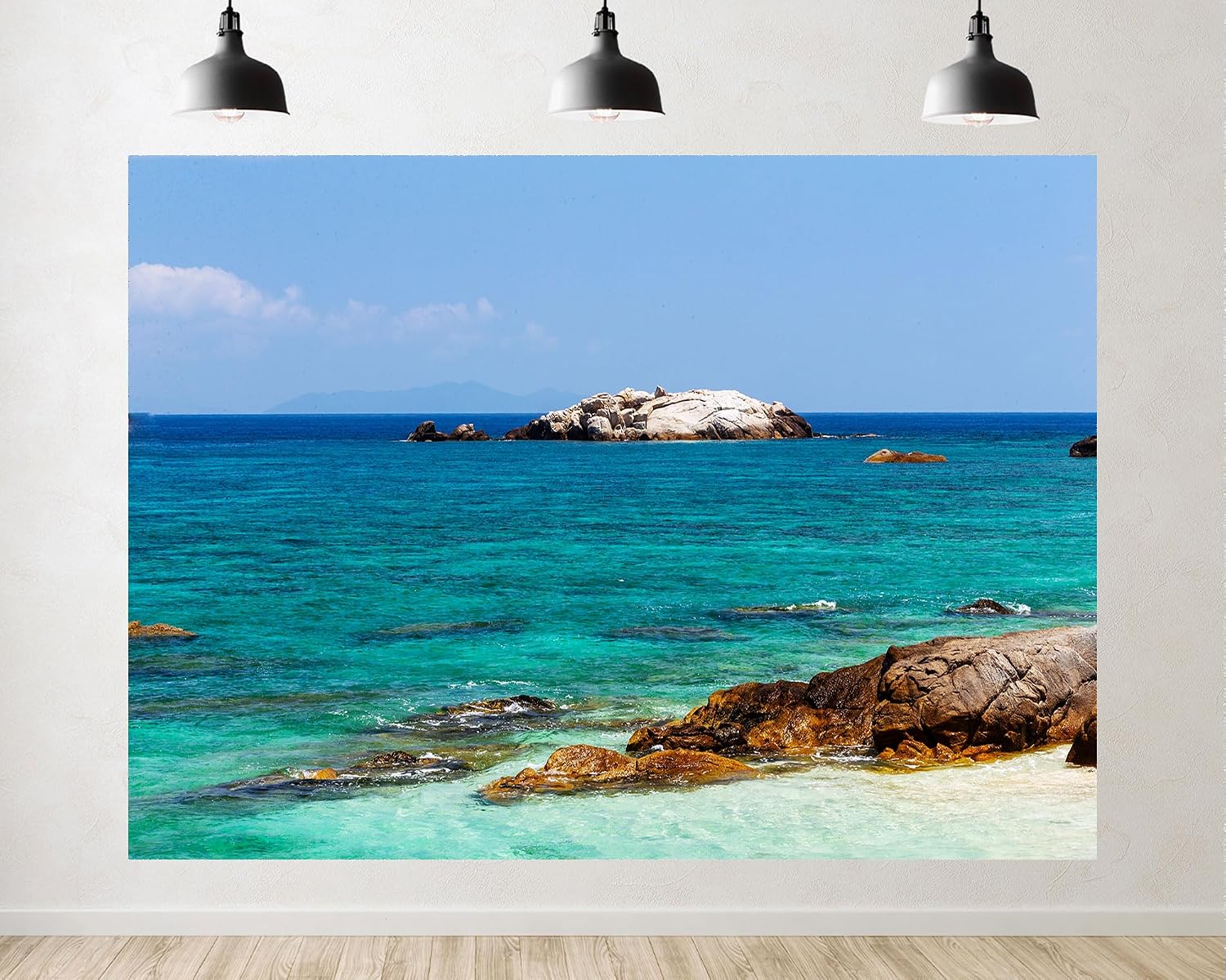 Trykid 20x10ft Turquoise Coastal Rocks Backdrop White Islet Clear Water Distant Peaks Photography Background Tropical Island Adventure Tapestry Party Decoration Photo Studio Prop Fabric