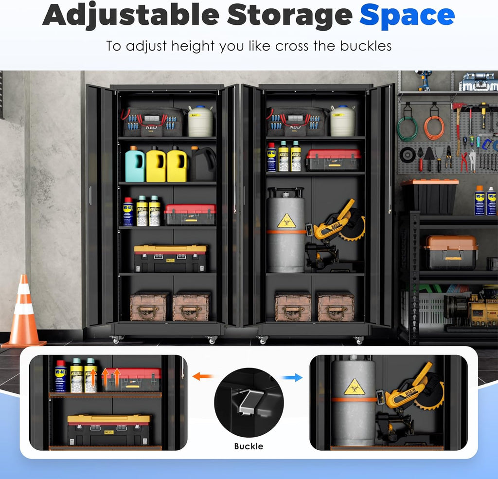 INTERGREAT Metal Storage Cabinet with Wheels, 73' Garage Storage Cabinets with Door and 4 Shelves, Tool Storage Locker on Caster for Home, Office, Black
