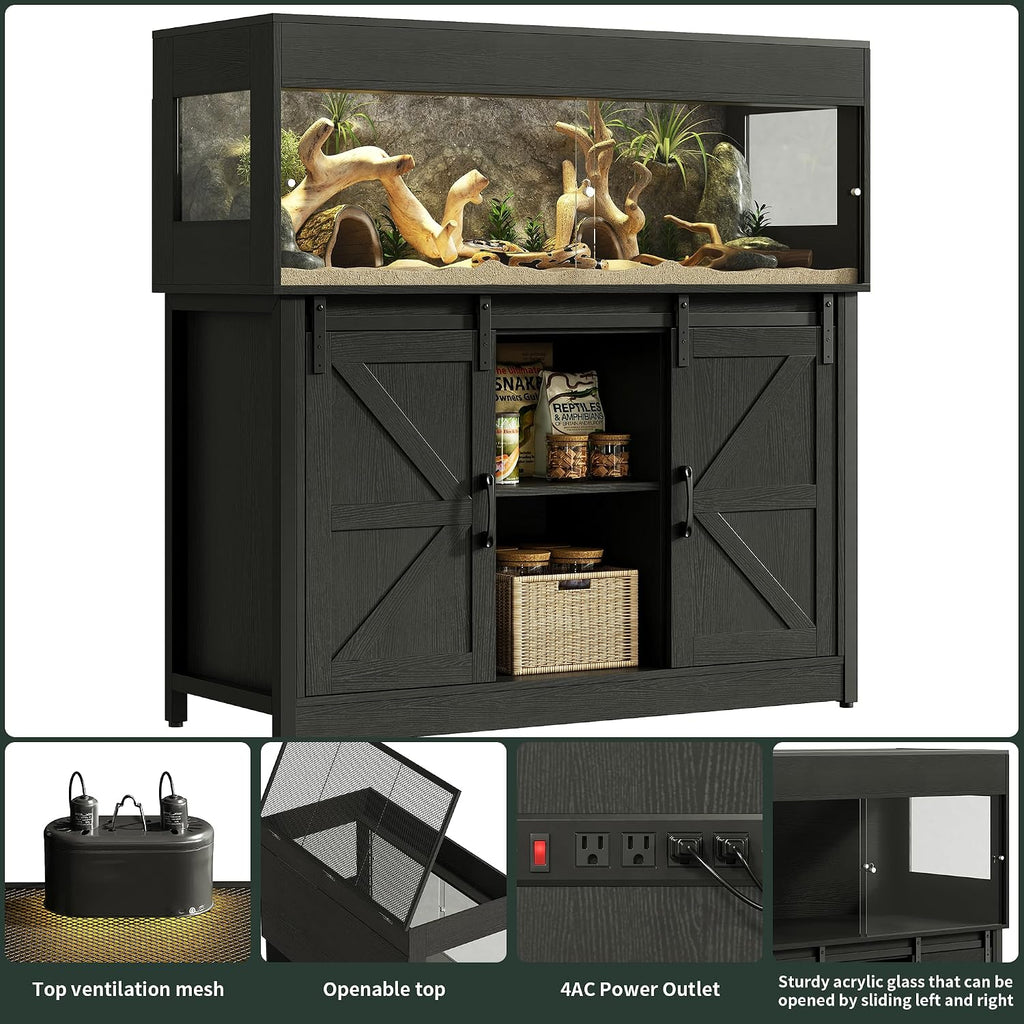Herture 60 Gallon Reptile Terrarium with Stand, Terrarium Enclosure with Acrylic Doors, Storage Cabinet with Barn Door, Mesh Lid & Power Outlet – Vivarium Habitat for Medium Reptiles Black PX05RTB