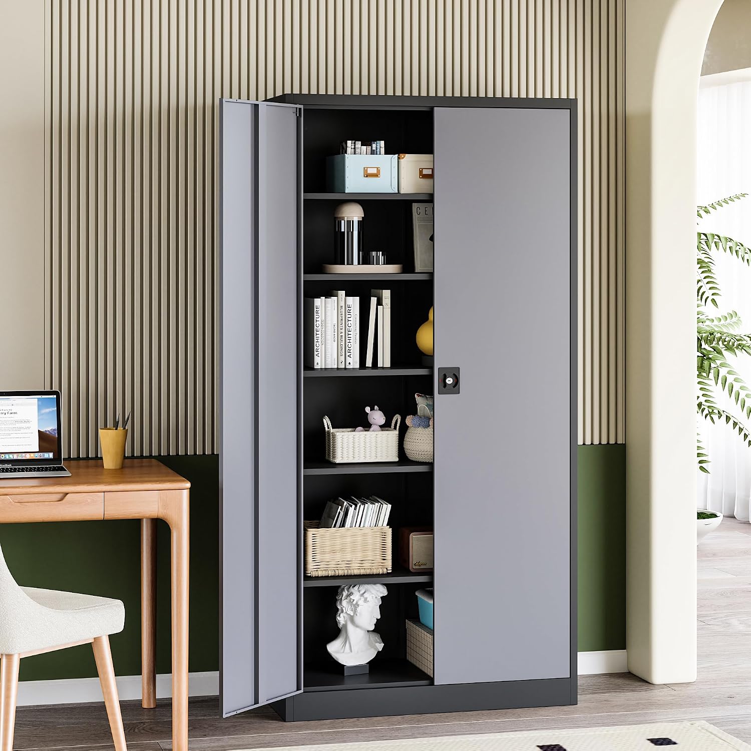 RAVIGIN Metal Garage Storage Cabinet with Lock, 71' Locking Tool Cabinet with 2 Doors and 5 Adjustable Shelves, Tall Steel Cabinet Garage for Home,Office,Warehouse，School (Black Grey)