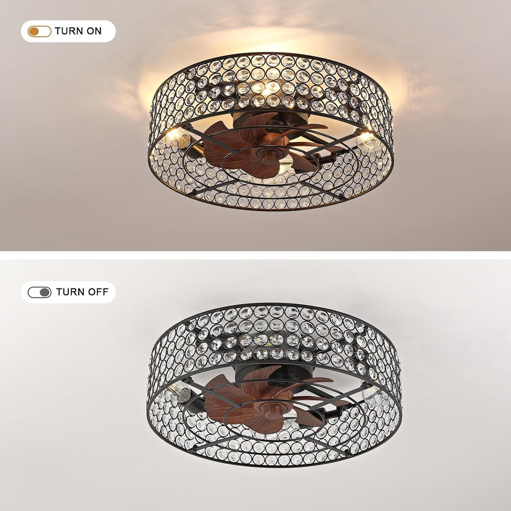 Modern Chandelier Crystal Ceiling Fans with Lights and Remote, 20-Inch Low Profile Bladeless Flush Mount Caged Ceiling Fan for Bedroom, Kitchen,Living Room,Small Ceiling Fan with Light with 6 Speed