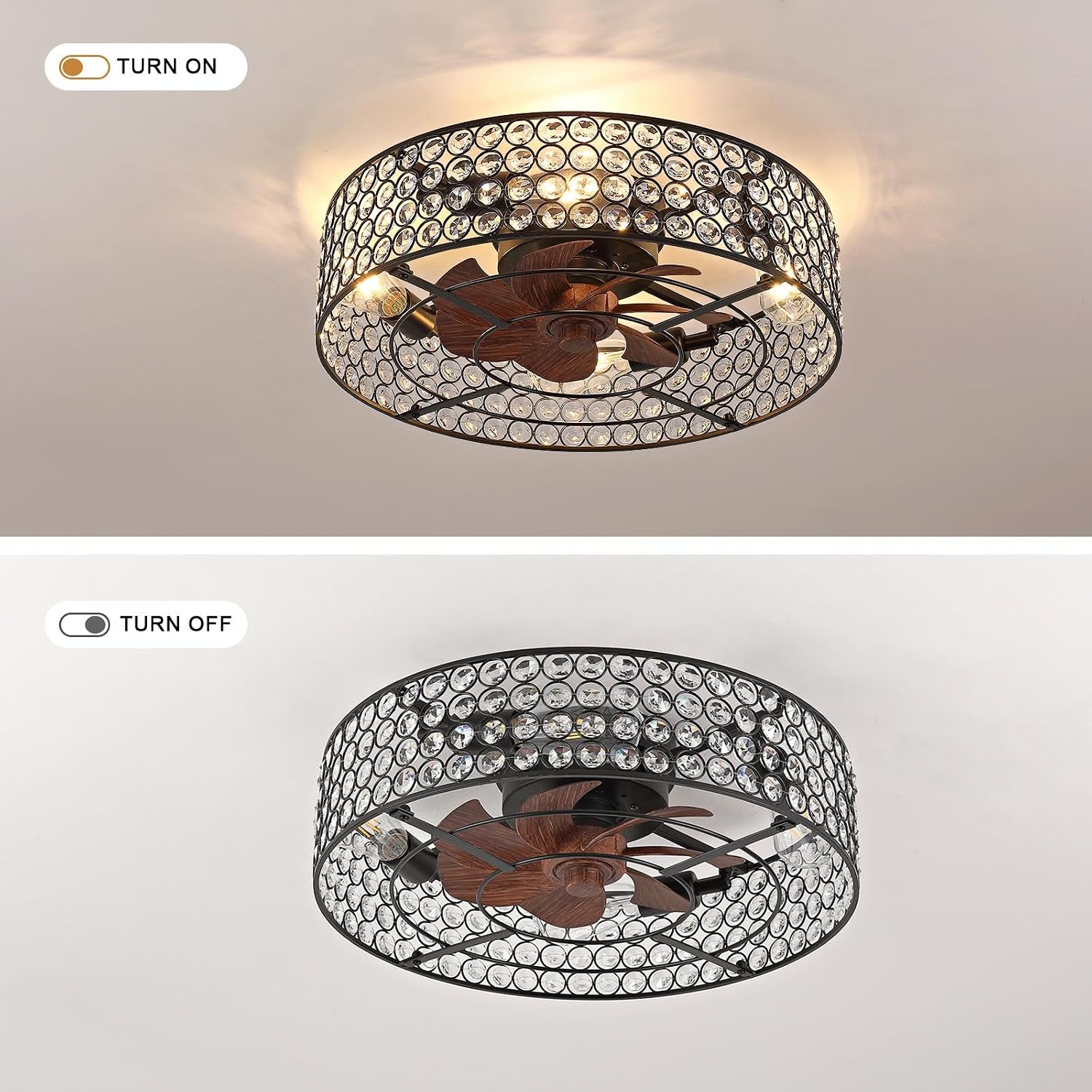 Modern Chandelier Crystal Ceiling Fans with Lights and Remote, 20-Inch Low Profile Bladeless Flush Mount Caged Ceiling Fan for Bedroom, Kitchen,Living Room,Small Ceiling Fan with Light with 6 Speed