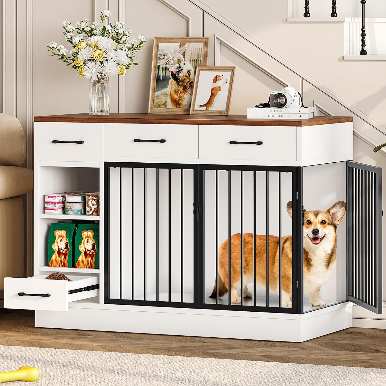Dog Crate with Hidden Feeder Bowl & 3 Storage Drawers - 47.2' Wooden Dog Cage Indoor with Adjustable Shelf, 2 Doors Dog Kennel Furniture for Medium & Small Dogs, Multi-Functional Pet End Table